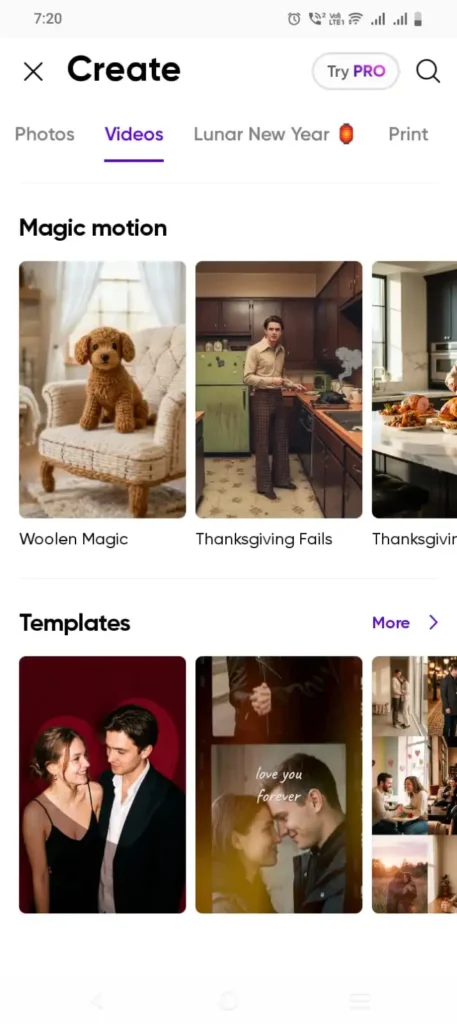 PicsArt Mod APK create tab with templates and editing options